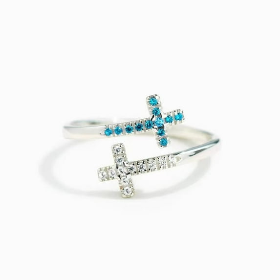 SFTING Double Cross Gemstone Opening Ring 925 Sterling Sliver Blue Zircon White Gold-Plated Adjustable Ring Christian Pray Gifts for Women