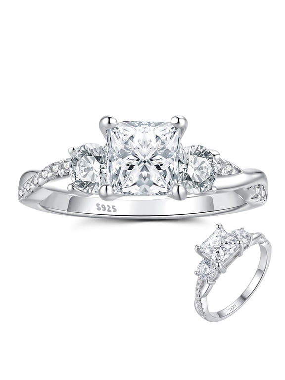 Engagement Rings for Woman Moissanite Three Stone 925 Sterling Silver Princess Cut Vintage Promise Wedding Rings 5A CZ Size 7