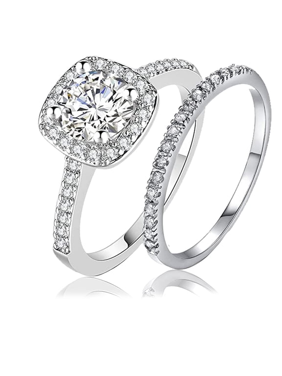 Halo Wedding Ring Set for Women Bridal Sets 925 Sterling Silver AAAAA Zirconia Size 7