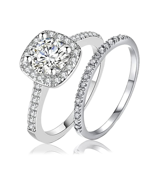 Halo Wedding Ring Set for Women Bridal Sets 925 Sterling Silver AAAAA Zirconia Size 7