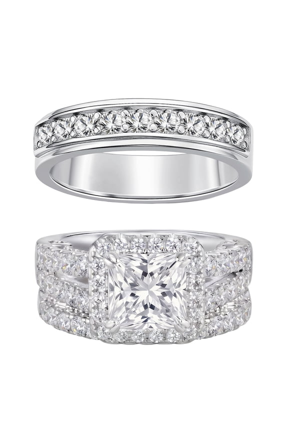 His and Her Wedding Rings Set Couple Rings Princess Round Cut Silver Plated Men Wedding Band Engagement Promise Rings Size 12&6