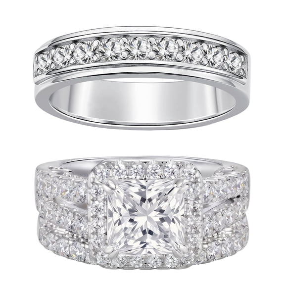 SFTING His and Her Wedding Rings Set Couple Rings Princess Round Cut Silver Plated Men Wedding Band Engagement Promise Rings Size 9&7