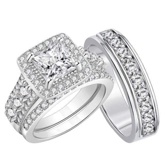 SFTING His and Her Wedding Rings Set Halo Princess Round Cut 3PCS Couple Rings Engagement Men Wedding Band Silver Plated Size 9&7