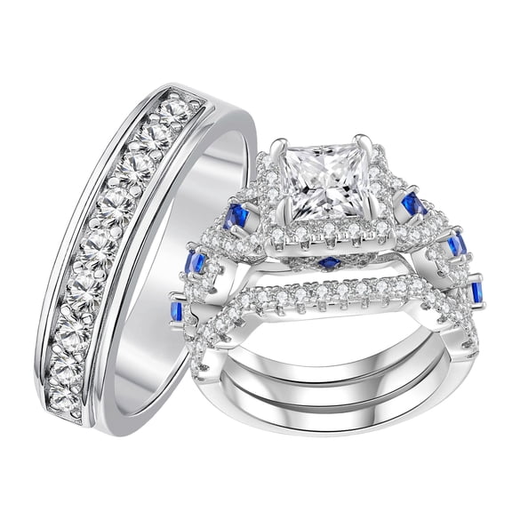 SFTING His and Her Wedding Rings Set Princess Round Cut Couple Rings Blue Sapphire Silver Plated Anniversary Ring Set for Couple Size 9&7