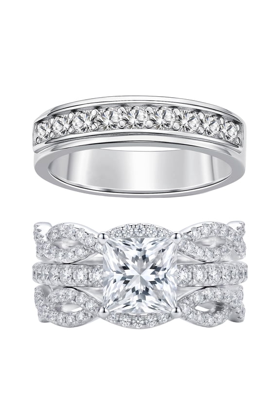 His and Her Wedding Rings Set Princess Round Cut Couple Rings Set Silver Plated Men Wedding Band Promise Anniversary Jewelry Gift Size 10&10