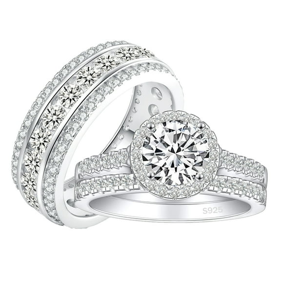 SFTING His and Hers Wedding Ring Sets 3Pcs 925 Sterling Silver 5A CZ Enternity Engagaement Ring Set for Couples Size 9&7