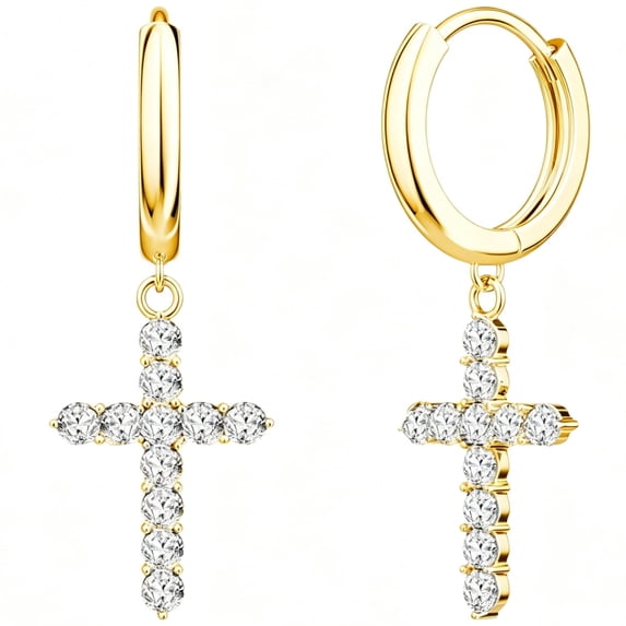 SFTING Hoop Earrings for Women Cross 5A CZ Silver Plated Yellow Simple Pendant Earrings Jewelry Anniversary Gift for Her