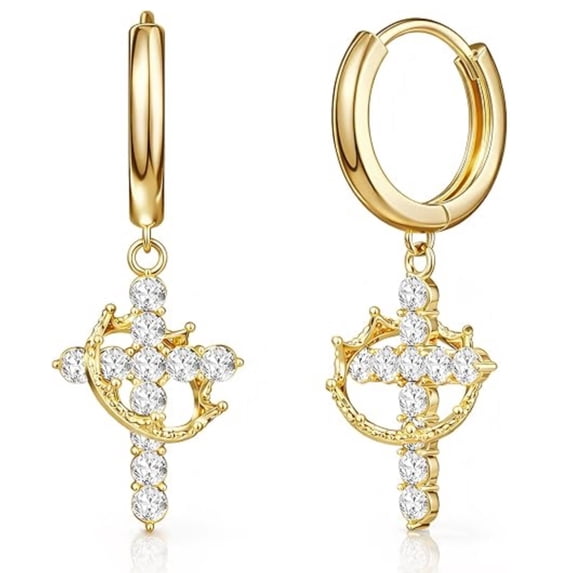 SFTING Hoop Cross Earrings for Women Cross 5A CZ Silver Plated Yellow Simple Pendant Earrings Jewelry Anniversary Gift for Her
