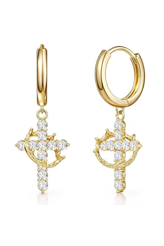 Hoop Earrings for Women Crown Cross 5A CZ 18K Gold Plated Pendant Earrings Valentine Anniversary Gift for Her