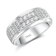 SFTING Men Rings 925 Sterling Silver Men Wedding Band 2 Row Round Cut 5A CZ Wedding Promise Band for Him Size 9
