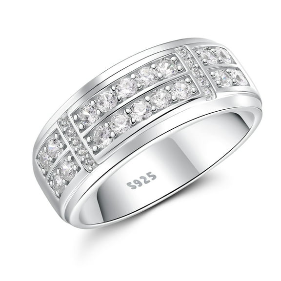 SFTING Men Rings 925 Sterling Silver Men Wedding Band 2 Row Round Cut 5A CZ Wedding Promise Band for Him Size 9