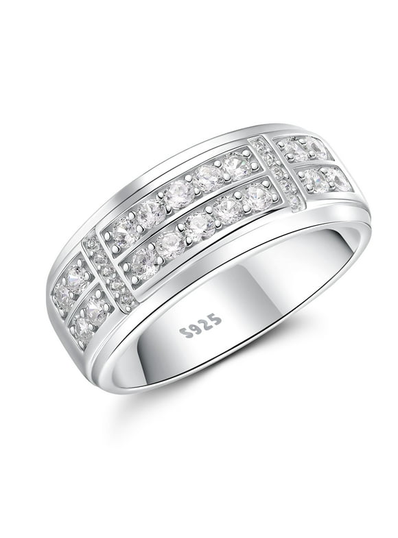 Men Rings 925 Sterling Silver Men Wedding Band 2 Row Round Cut 5A CZ Wedding Promise Band for Him Size 9