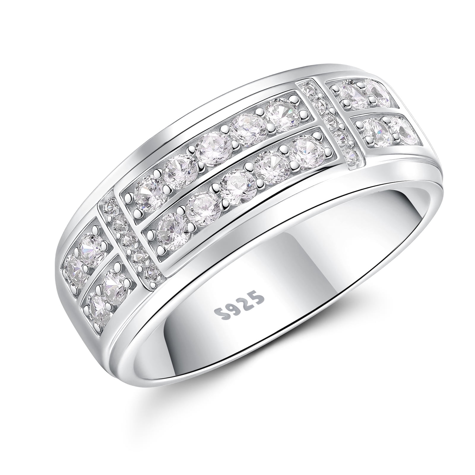 SFTING Men Rings 925 Sterling Silver Men Wedding Band 2 Row Round Cut SFTING Men Rings 925 Sterling Silver Men Wedding Band 2 Row Round Cut