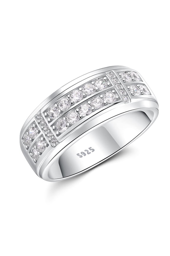Men Rings 925 Sterling Silver Men Wedding Band 2 Row Round Cut 5A CZ Wedding Promise Band for Him Size 9