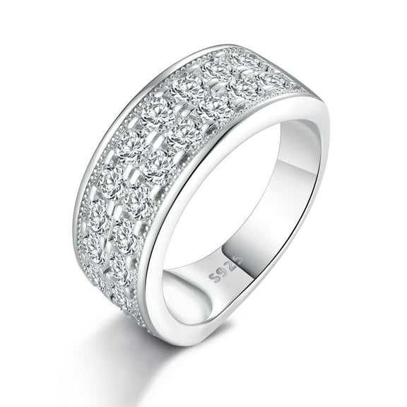 SFTING Men Wedding Band 925 Sterling Silver 2 Rows Men Rings Round Cut 5A CZ Wedding Promise Band for Him Size 9