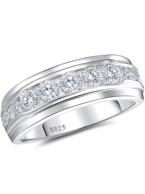 Men Wedding Band 925 Sterling Silver Men Rings AAAAA CZ Round Cut Wedding Promise Band for Him Size 9