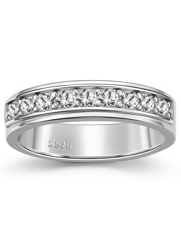 Men Wedding Band 925 Sterling Silver Rings for Men White Plated Round 5A Zirconia Size 9