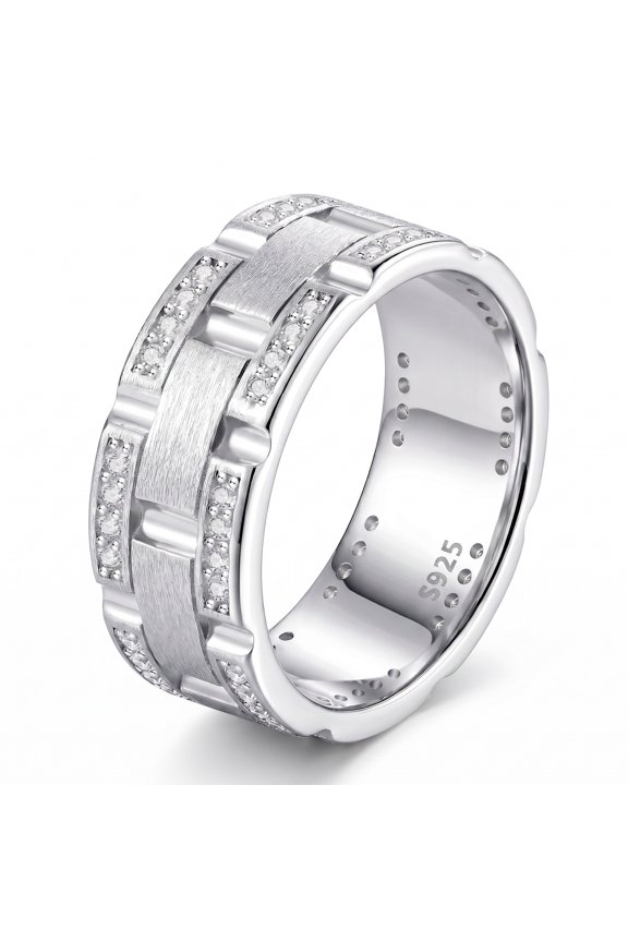 Men Wedding Band 925 Sterling Silver Wedding Rings for Men Brick Pattern Brushed 5A CZ Men Rings Size 10