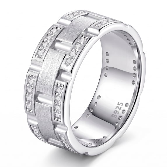 SFTING Men Wedding Band 925 Sterling Silver Wedding Rings for Men Brick Pattern Brushed 5A CZ Men Rings Size 10