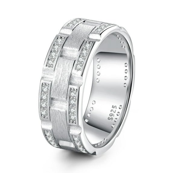 SFTING Men Wedding Band 925 Sterling Silver Wedding Rings for Men Brick Pattern Brushed 5A CZ Men Rings Size 10