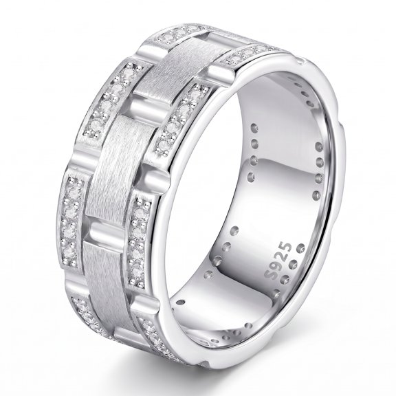 SFTING Men Wedding Band 925 Sterling Silver Wedding Rings for Men Brick Pattern Brushed 5A CZ Men Rings Size 11