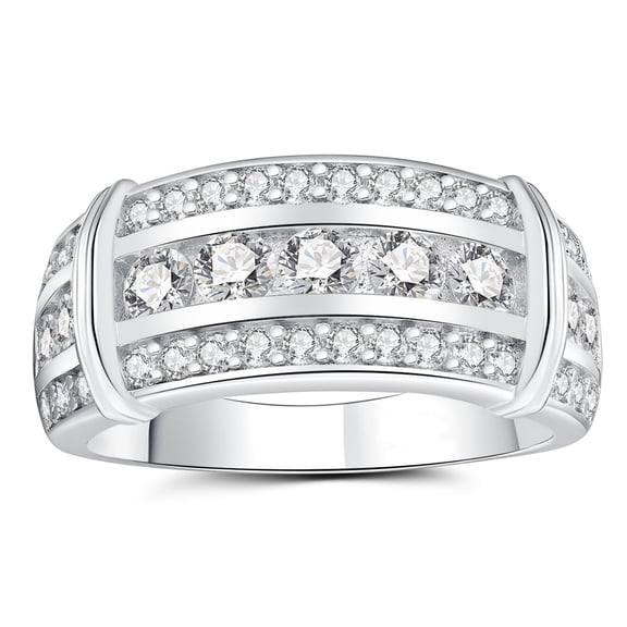 SFTING Men Wedding Band Engagement Men Rings Round Cut 5A CZ Silver Plated Promise Band for Him Size 9
