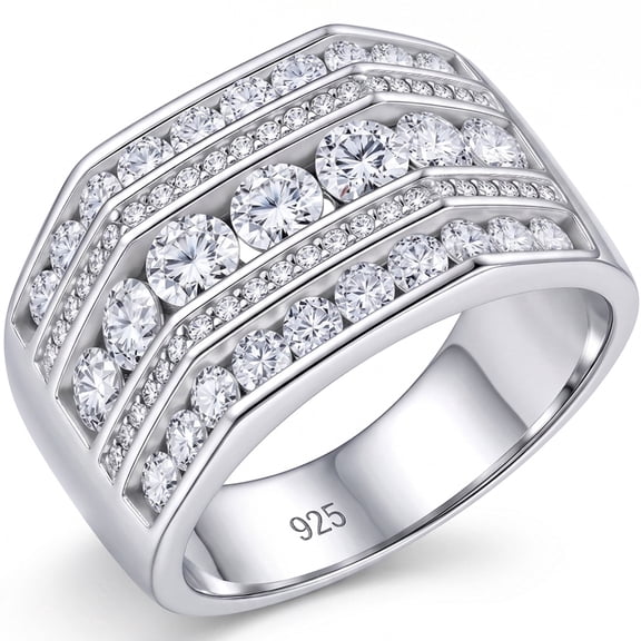 SFTING Men Wedding Bands 925 Sterling Silver Men Rings Round Cut 13.5mm Width Engagement Promise Ring Pave 5A CZ Size 9