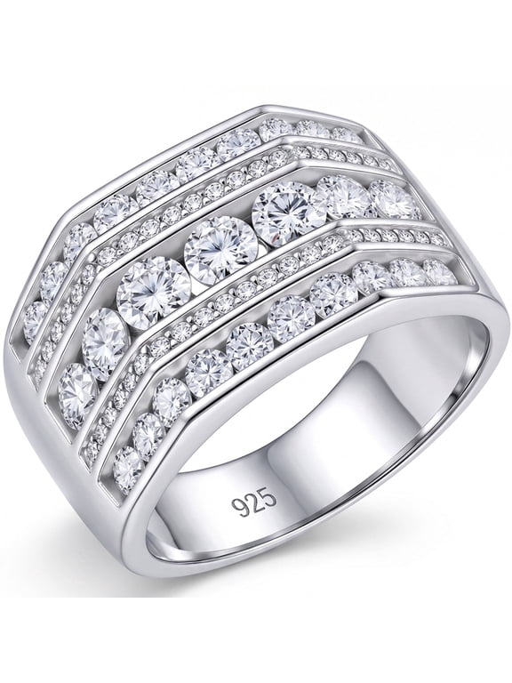 Men Wedding Bands 925 Sterling Silver Men Rings Round Cut 13.5mm Width Engagement Promise Ring Pave 5A CZ Size 9