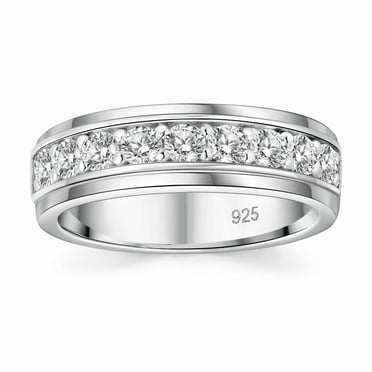 SFTING Moissanite Wedding Band 925 Sterling Silver Rings For Men White Gold Plated 1ct D Color VVS1 Clarity Brilliant Round Cut Engagement Rings For Him Size 9