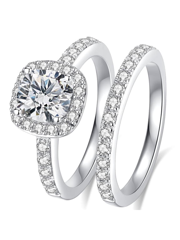 Moissanite Wedding Ring Set for Women D Color VVS1 Round Brilliant Cut 925 Sterling Silver Moissanite Wedding Band Engagement Rings Set Size 7
