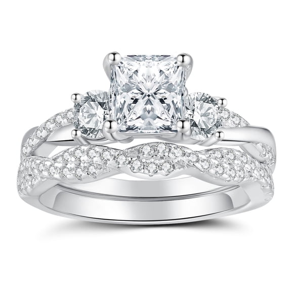 SFTING Moissanite Wedding Rings set for Women Three Stones Princess Cut Engagement Rings for Women Silver 18K Plated Anniversary D Color VVS1 Size 10