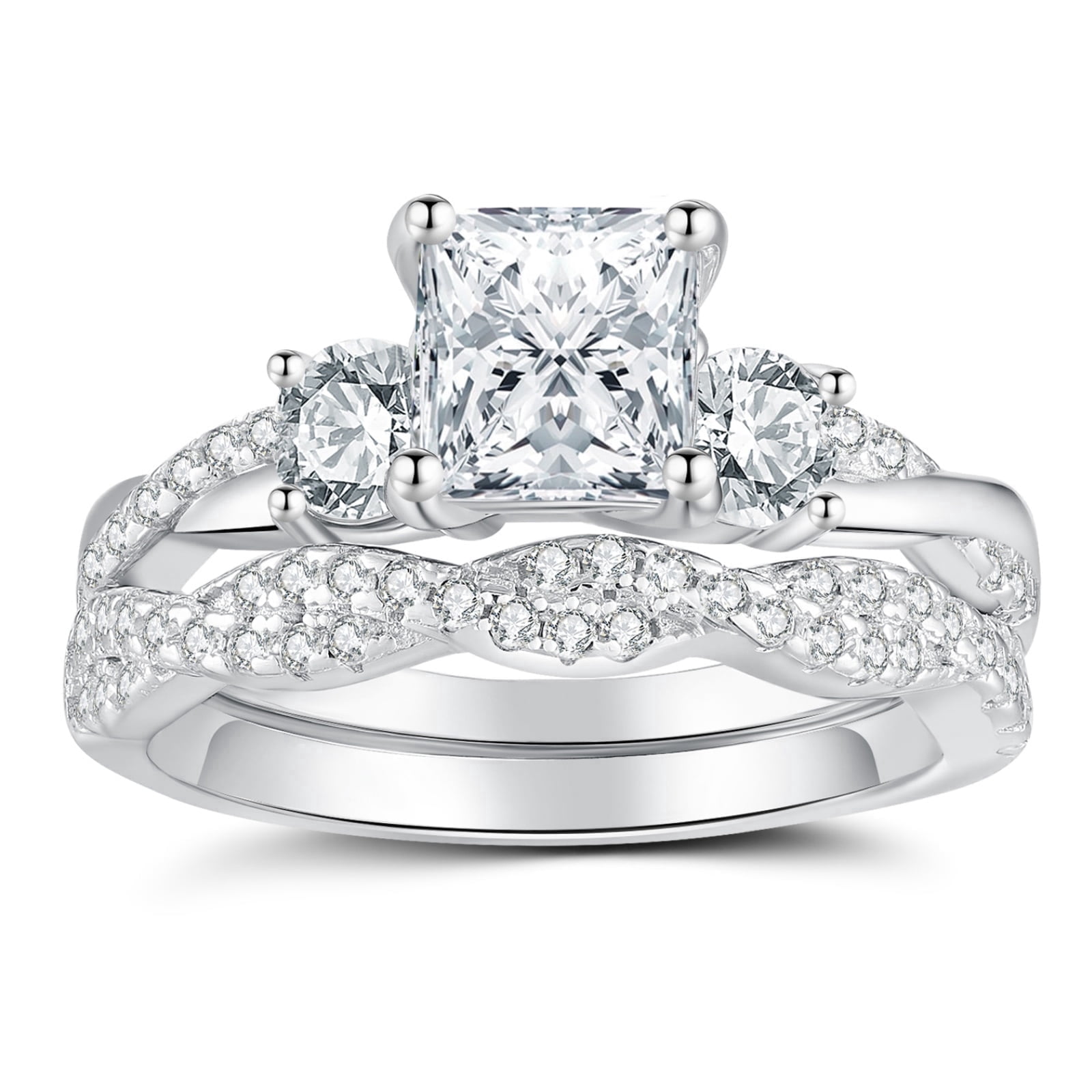 SFTING Moissanite Wedding Rings Set for Women 925 Sterling Silver Three Stones Princess Cut Engagement Rings for Women Anniversary D Color VVS1 Size 9
