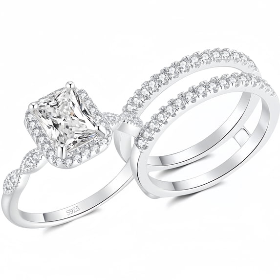 SFTING Radiant Wedding Rings for Woman 925 Sterling Silver Engagement Rings Enhancer Band Bridal Set 5A CZ Size 6