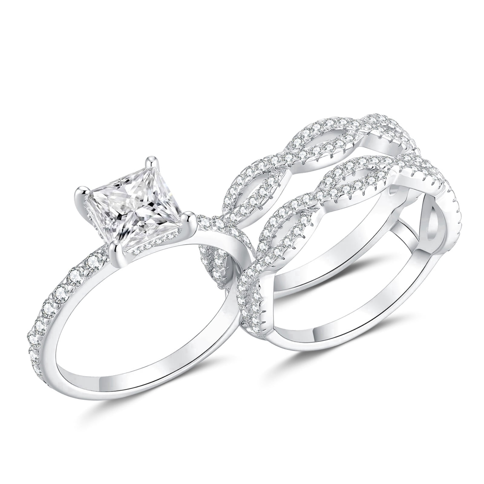 SFTING Rings for Woman Princess Cut 5A CZ Engagement Rings Set for Women Silver 18K White Plated Size 5
