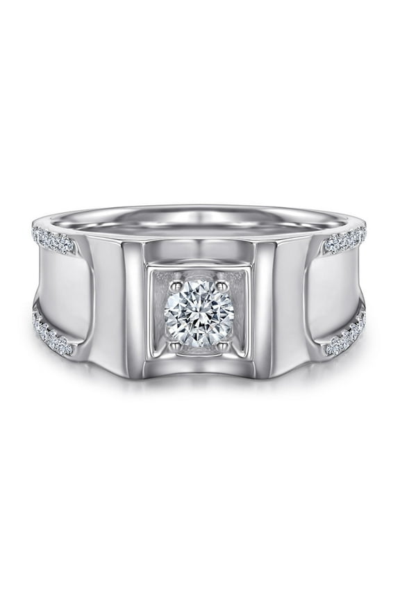 S925 Sterling Silver 0.4CT Solitaire Round Wedding Band for Men with Half Pave Cubic Zirconia Engagement Ring Size 8