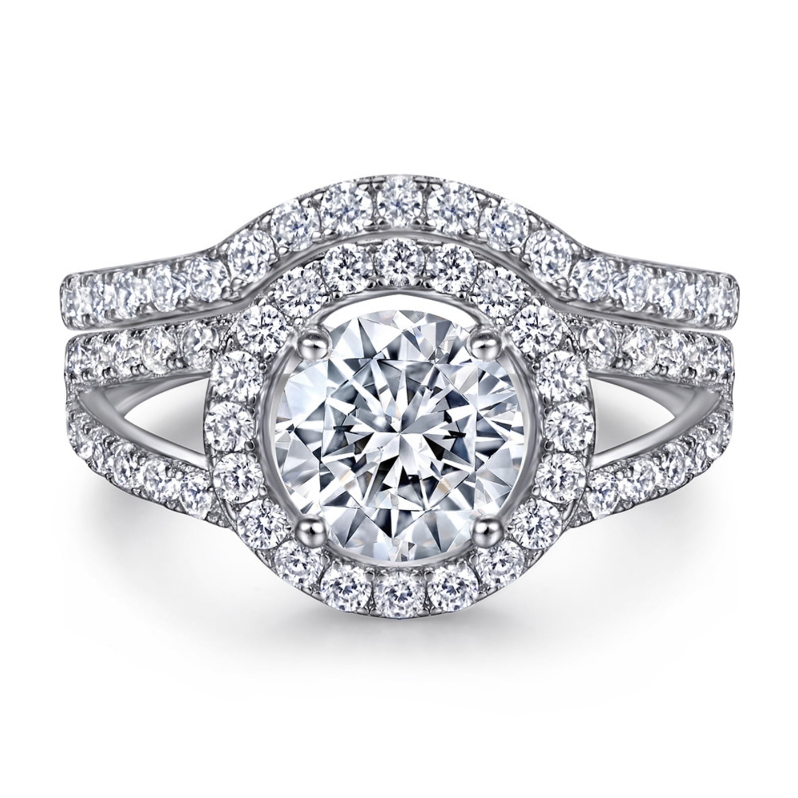 SFTING S925 Sterling Silver 1.5CT Solitaire Halo Engagement Wedding Rings And Eternity Band Set for Women Size 5