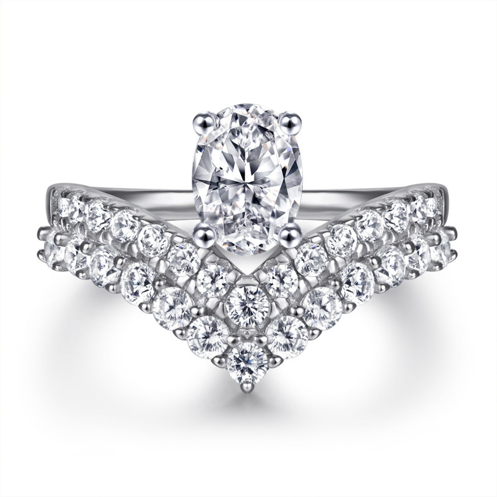 SFTING S925 Sterling Silver 1CT Oval Cut Slight V Shape Engagement Wedding Rings for Women Half Pave Eternity Band Size 9