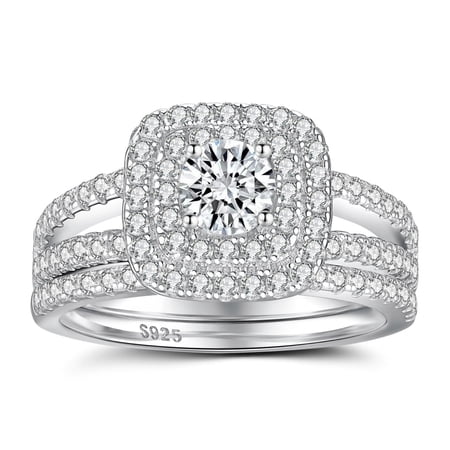 SFTING Wedding Set For Women Round Bridal Engagement Promise Ring Sets Cubic Zirconia Size 7