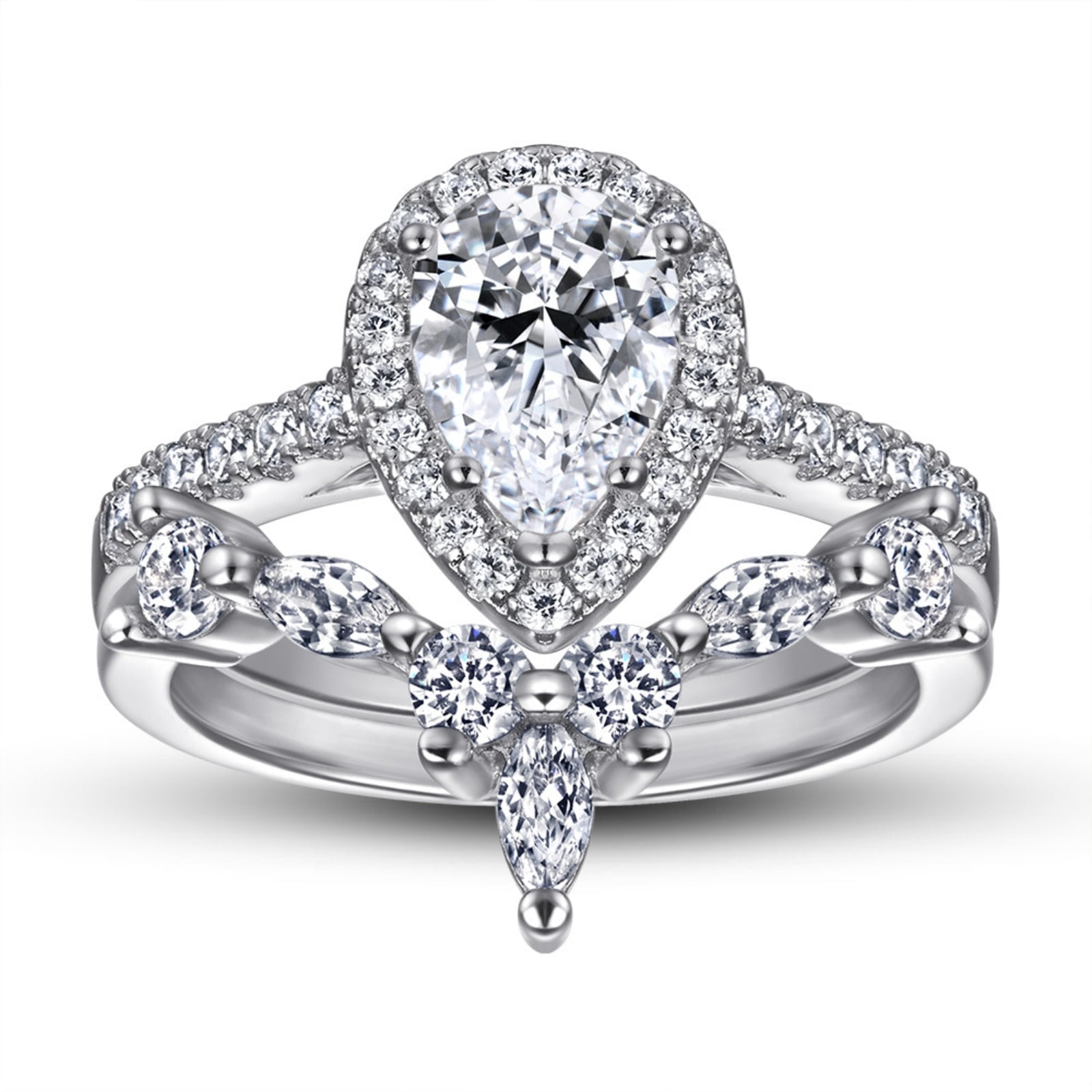 SFTING S925 Sterling Silver Eternity 1.5CT Vintage Pear Teardrop Halo Engagement Wedding Rings Set for Women Size 8