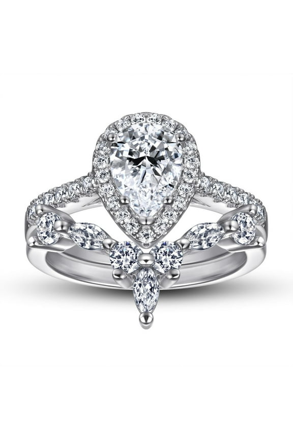 S925 Sterling Silver Eternity 1.5CT Vintage Pear Teardrop Halo Engagement Wedding Rings Set for Women Size 8