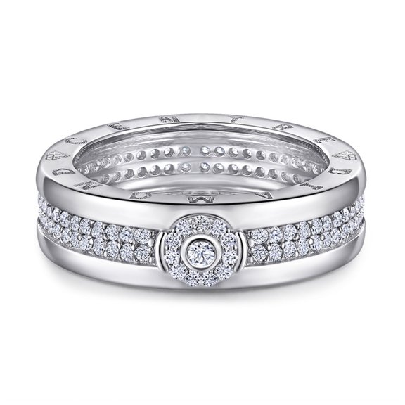 SFTING S925 Sterling Silver Halo Wedding Band for Men with Double Row Diamond Pavé Cubic Zirconia Engagement Ring Size 11