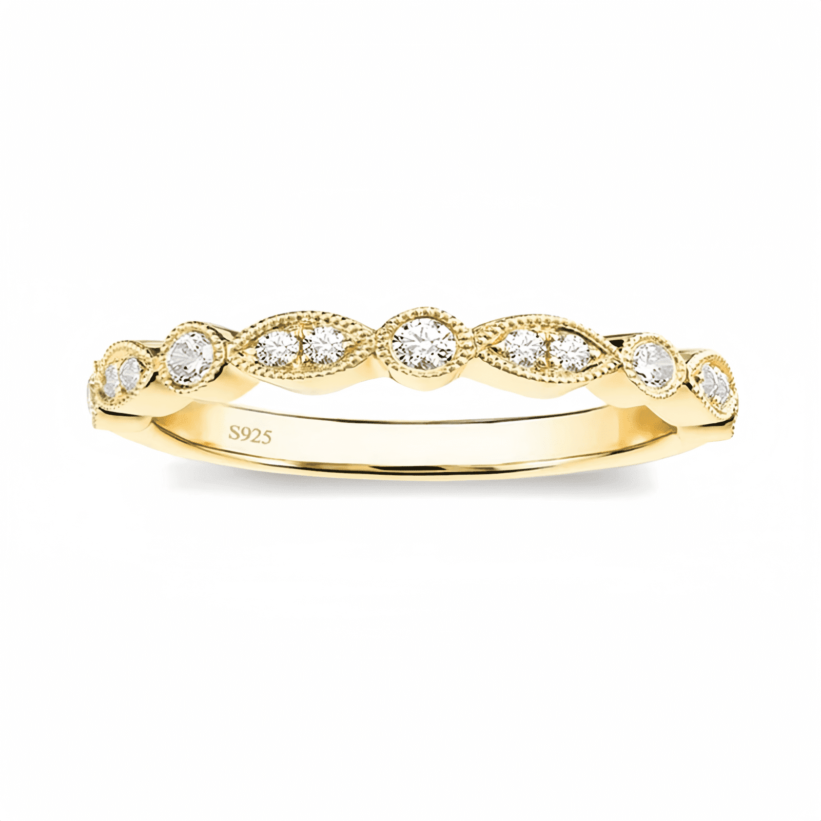 SFTING S925 Sterling Silver Wedding Band for Women Cubic Zirconia Milgrain Marquise & Round Half Eternity Stackable Ring Gold Size 7