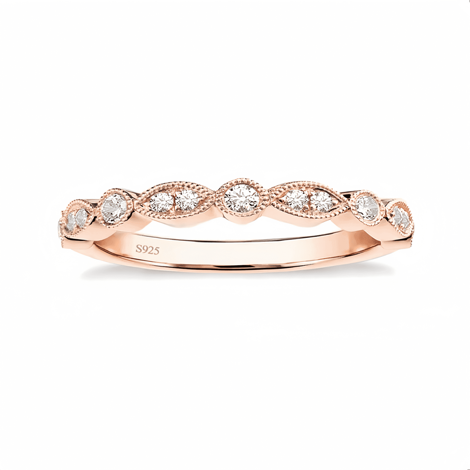 SFTING S925 Sterling Silver Wedding Band for Women Cubic Zirconia Milgrain Marquise & Round Half Eternity Stackable Ring Rose Gold Size 5