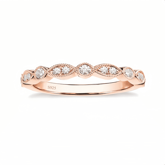SFTING S925 Sterling Silver Wedding Band for Women Cubic Zirconia Milgrain Marquise & Round Half Eternity Stackable Ring Rose Gold Size 9