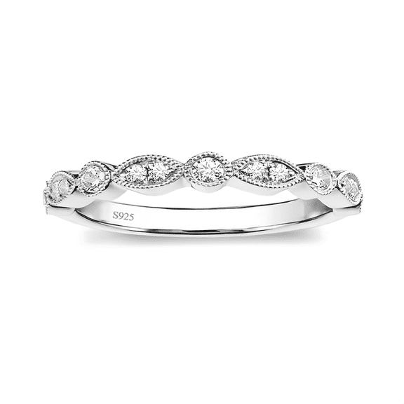 SFTING S925 Sterling Silver Wedding Band for Women Cubic Zirconia Milgrain Marquise & Round Half Eternity Stackable Ring Silver Size 7