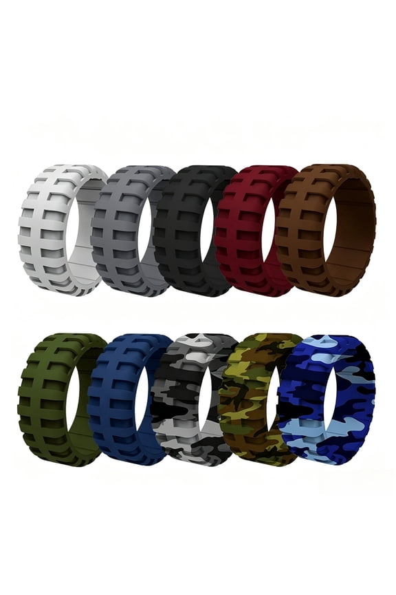 Silicone Rings for Men 10 Pack Tire Tread & Camo Textured Stackable Rubber Promise Rings Size 10