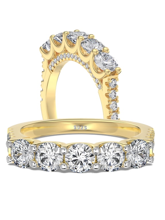 Wedding Band for Women Half Eternity Ring 925 Sterling Silver 5A Cubic Zirconia Stacking Ring Yellow Size 7
