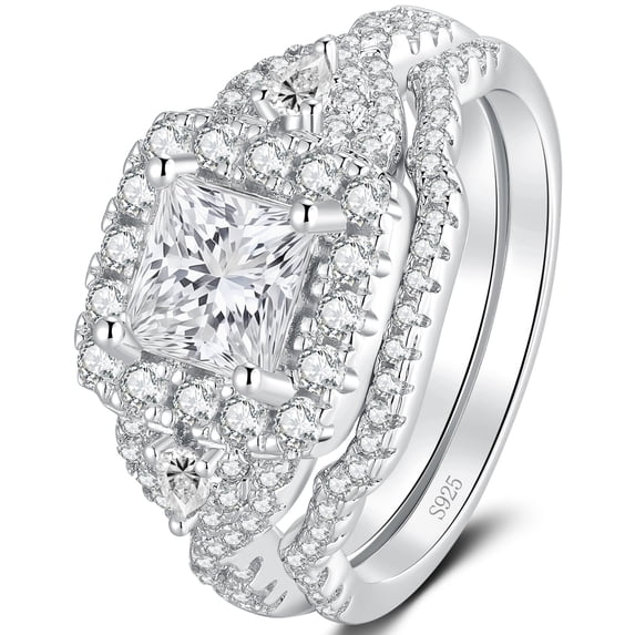SFTING Wedding Ring Set for Women 925 Sterling Silver Bridal Ring Sets Princess Pear Cut Halo Engagement Rings Gift for Her Size 9