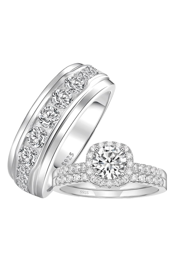 Wedding Ring Sets His and Her 3Pcs 925 Sterling Silver 5A CZ Couple Wedding Rings Eternity Ring Women Mens Band 9&7