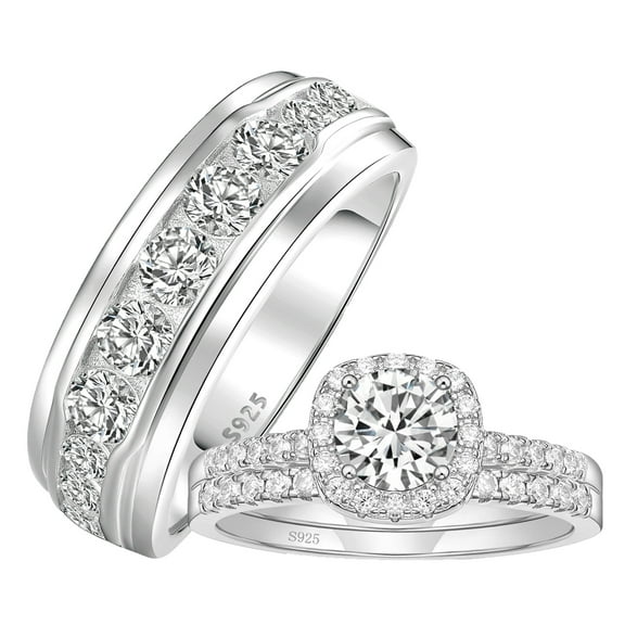 SFTING Wedding Ring Sets His and Her 3Pcs 925 Sterling Silver 5A CZ Couple Wedding Rings Eternity Ring Women Mens Band 9&8